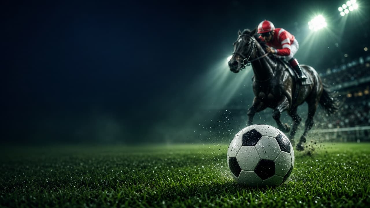 Gece stadyumunda futbol topu ve koşan yarış atı